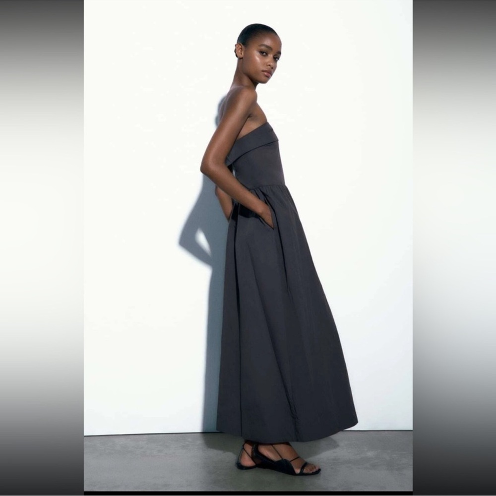 Zara Elegant Charcoal Poplin Strapless Maxi Dress